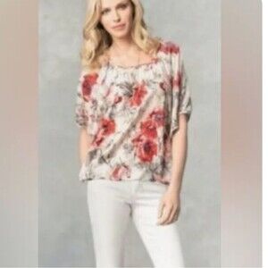 CAbi style #399 100% silk, gypsy dolman blouse, floral print, cream red blue S